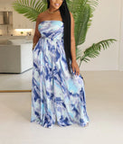 Blue Smocked Tube Wide Leg Jumpsuit W/Belt